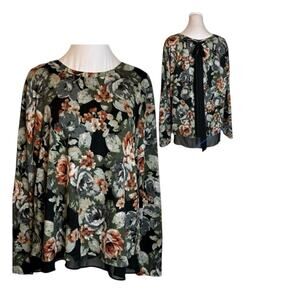 Bobeau Sweater Top Womens Size M Knit Floral over Black Sheer Loose Fit Romantic